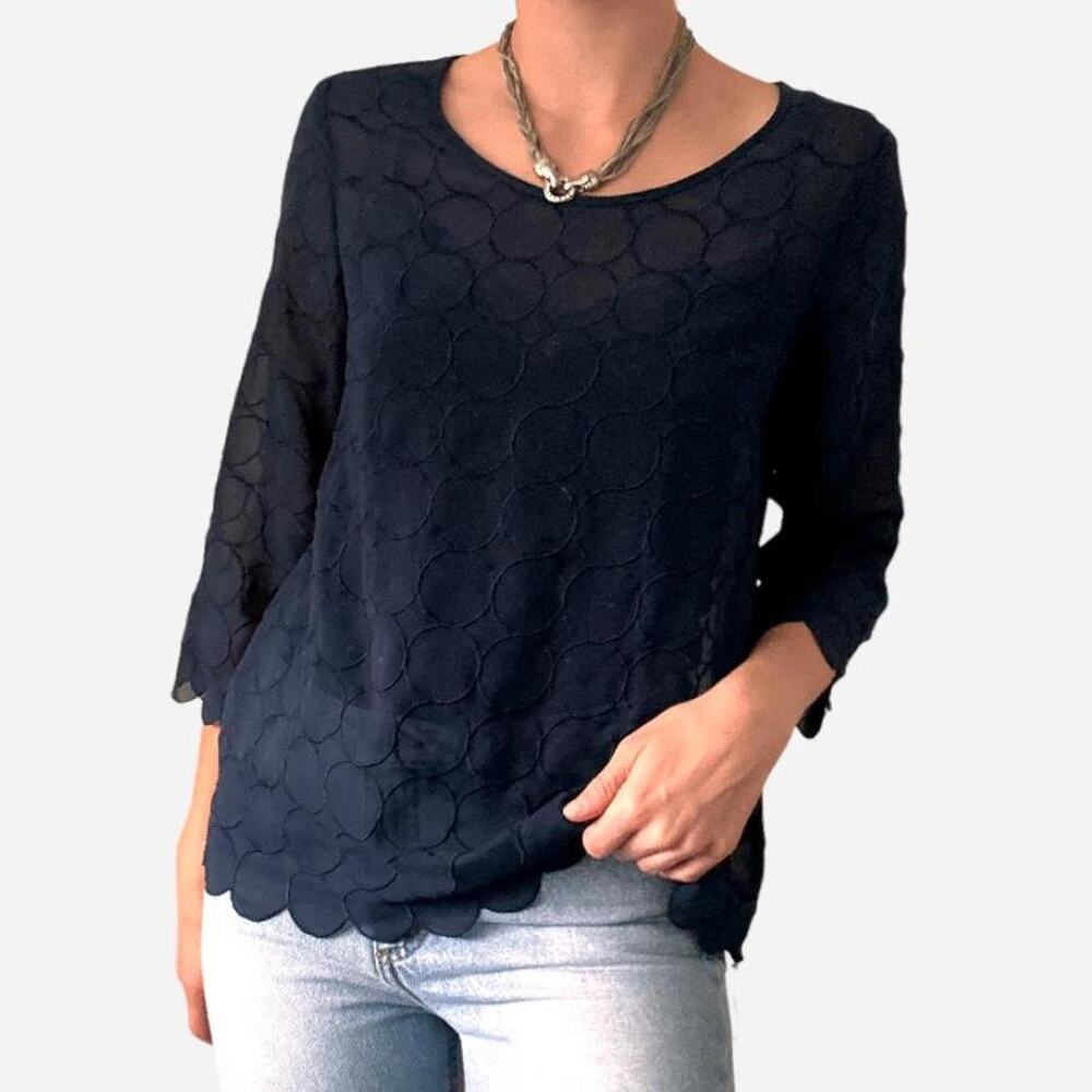 Sheer navy scallop print top from Coldwater creek